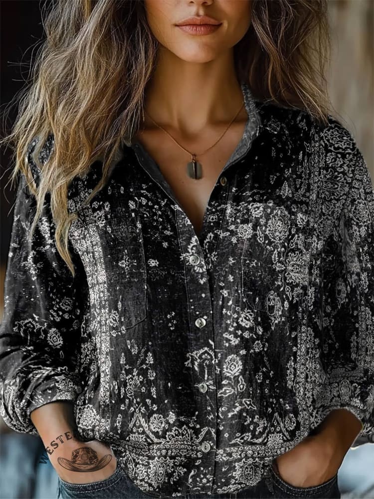 Women's Vintage Black Ethnic V-neck Casual T-Shirt - Image 4