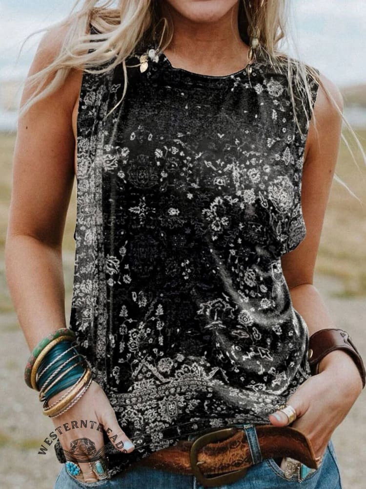 Women's Vintage Black Ethnic V-neck Casual T-Shirt - Image 5