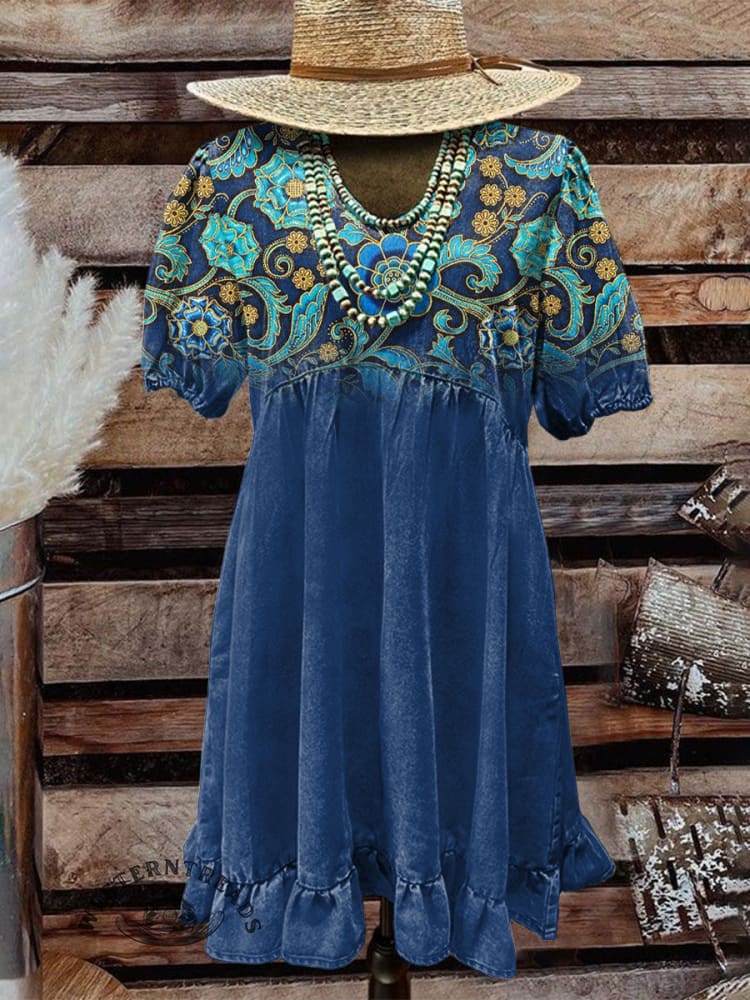 Women's Vintage Blue Floral Gradient Pattern Print Casual Dress