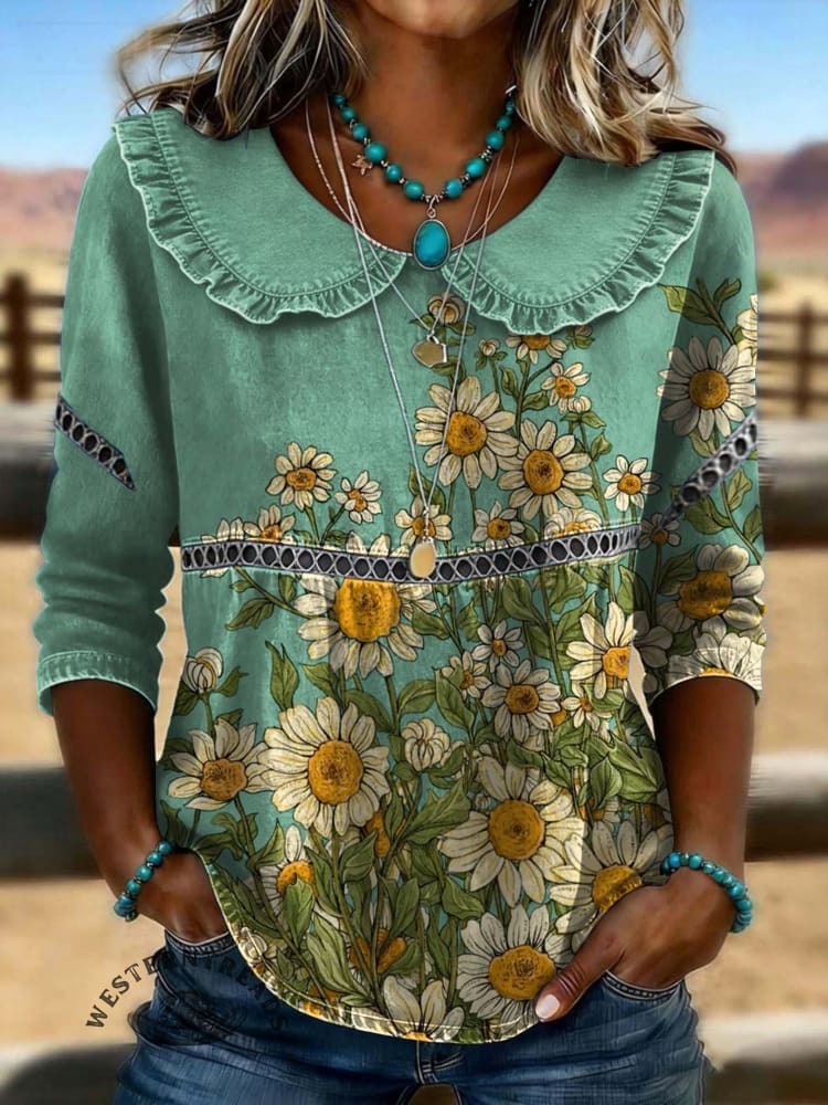 Women's Vintage Casual 3/4 Sleeves Hollow Denim Shirt