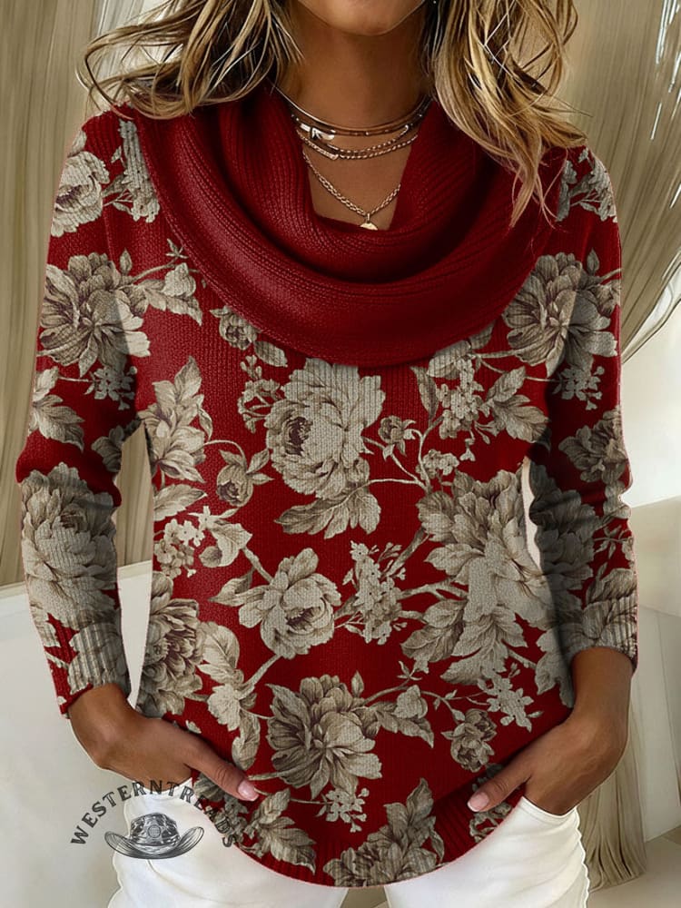 Women's Vintage Christmas Floral Art Print Cowl Neck Sweater