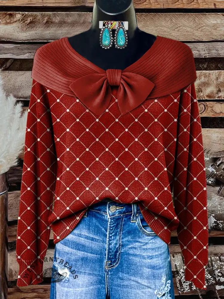 Women's Vintage Christmas Plaid Print Casual Sweater
