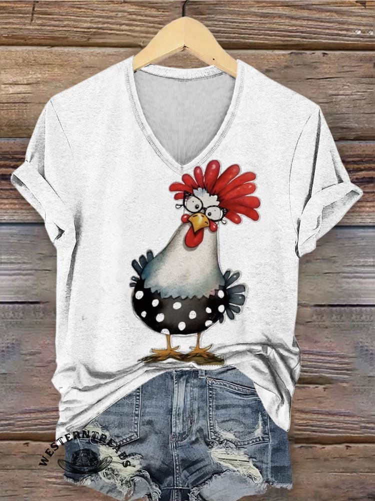 Retro Hen Art Print Casual T-shirt - Image 4
