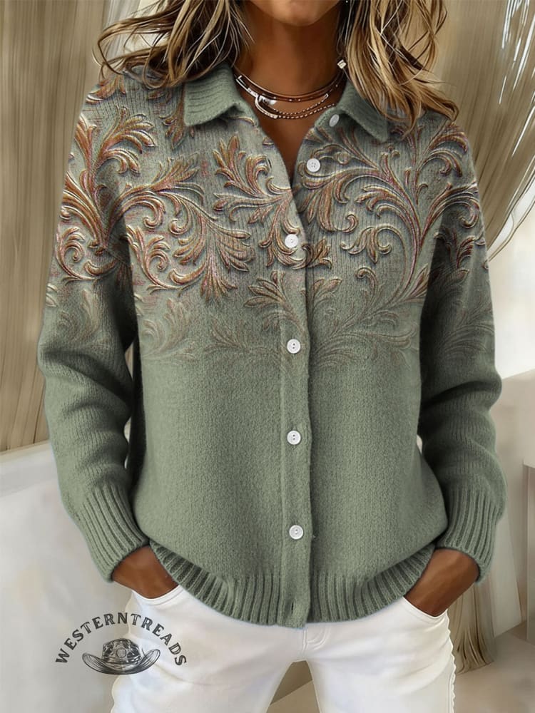 Women's Vintage Floral Art Print Knit Sweater