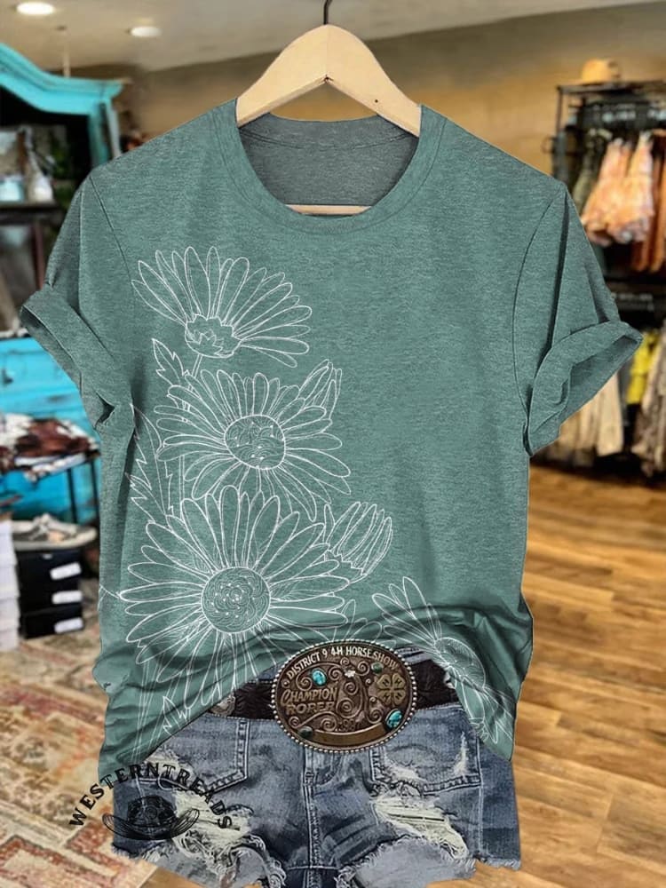 Women's Vintage Floral Art Print V-neck Casual T-Shirt - Image 2