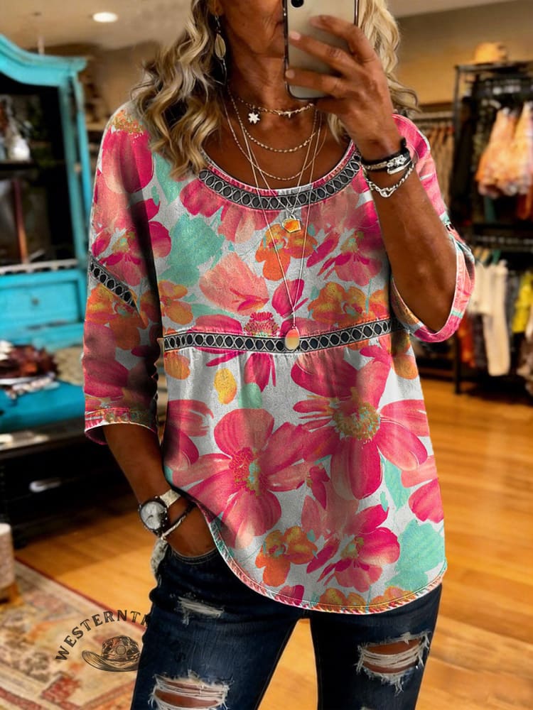 Women's Vintage Floral Print Casual Hollow Denim Shirt