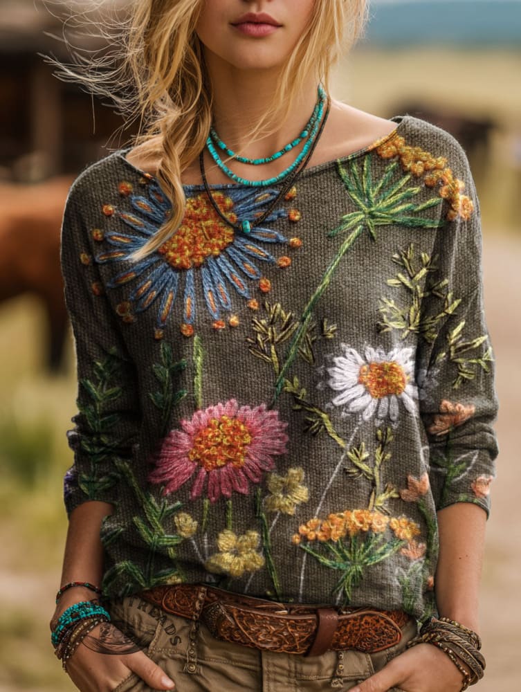 Women's Vintage Floral Print Casual Cotton And Linen Shirt