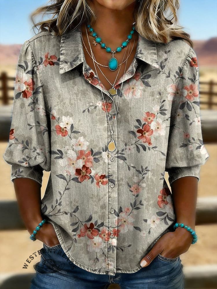Women's Vintage Floral Print Casual Denim Shirt