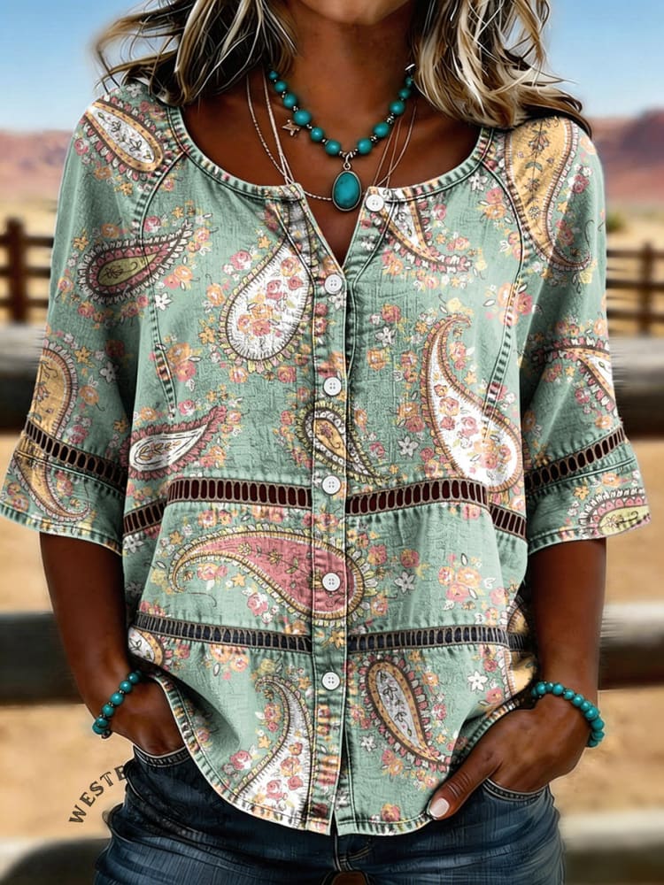 Women's Vintage Floral Print Casual Hollow-Out Denim Shirt