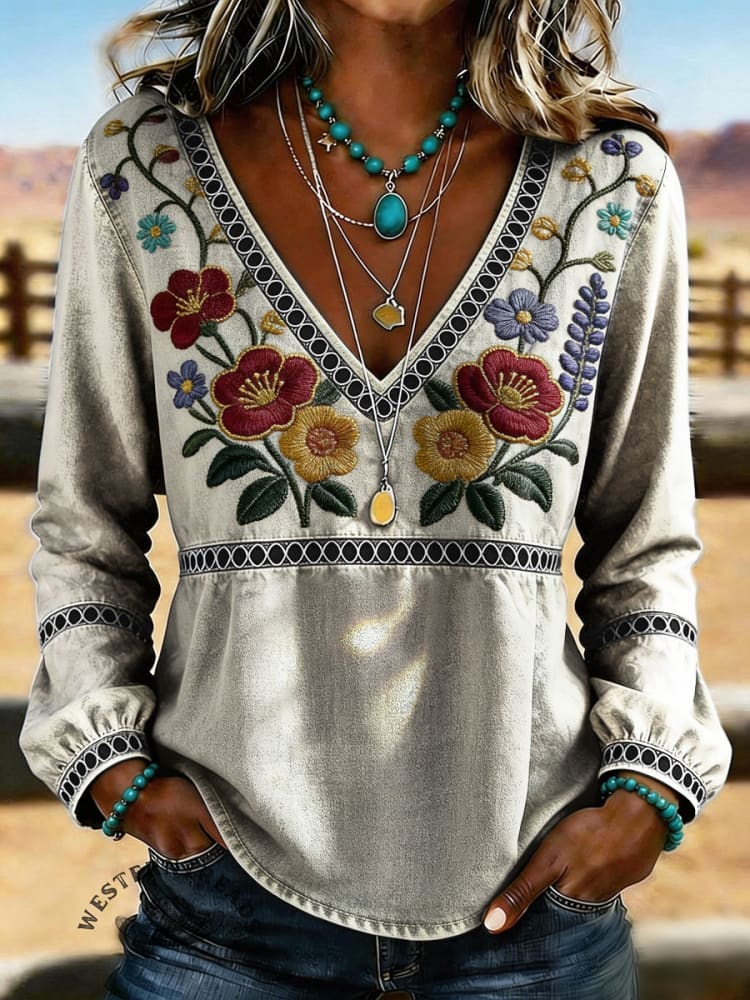 Women's Vintage Floral Print Casual Hollow-out Denim Shirt