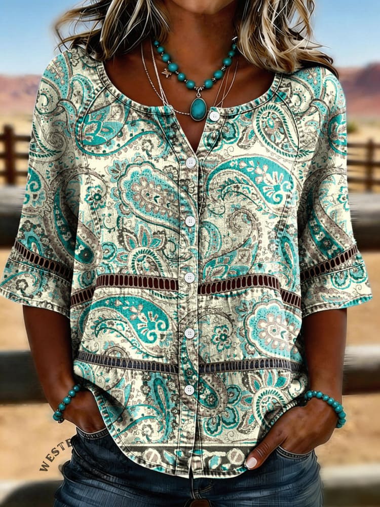 Women's Vintage Floral Print Casual Hollow-Out Denim Shirt
