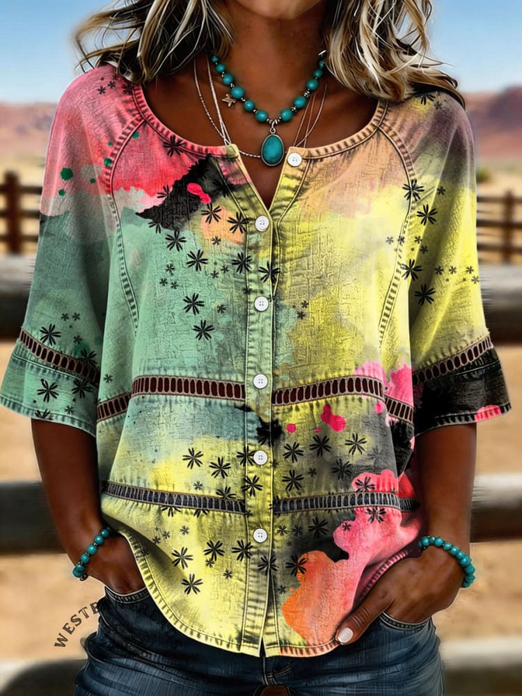 Women's Vintage Floral Print Casual Hollow-out Denim Shirt