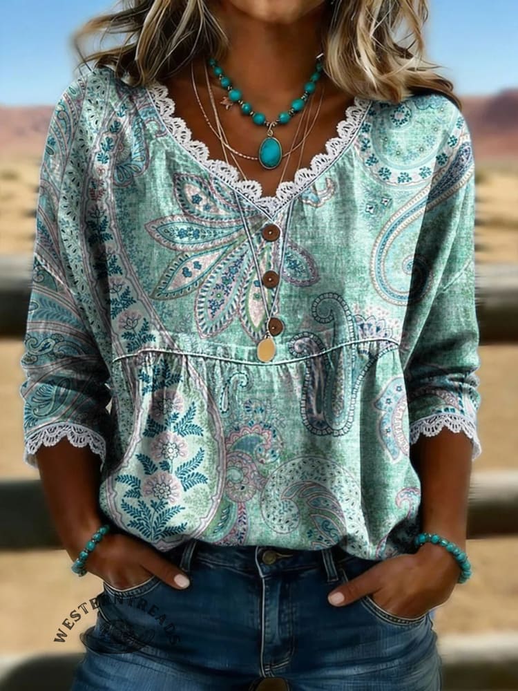 Women's Vintage Floral Print Casual Hollow-Out Denim Shirt - Image 2