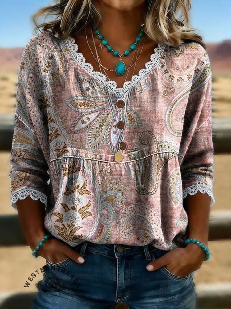 Women's Vintage Floral Print Casual Hollow-Out Denim Shirt - Image 3