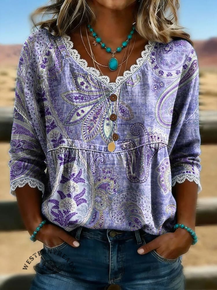 Women's Vintage Floral Print Casual Hollow-Out Denim Shirt - Image 4