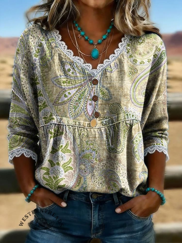 Women's Vintage Floral Print Casual Hollow-Out Denim Shirt - Image 5