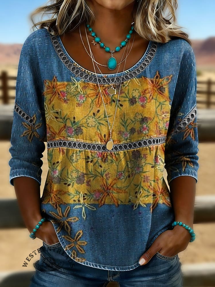 Women's Vintage Floral Print Casual Hollow-Out Denim Shirt