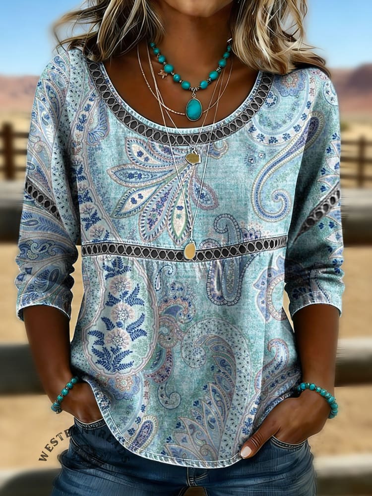 Women's Vintage Floral Print Casual Hollow-Out Denim Shirt