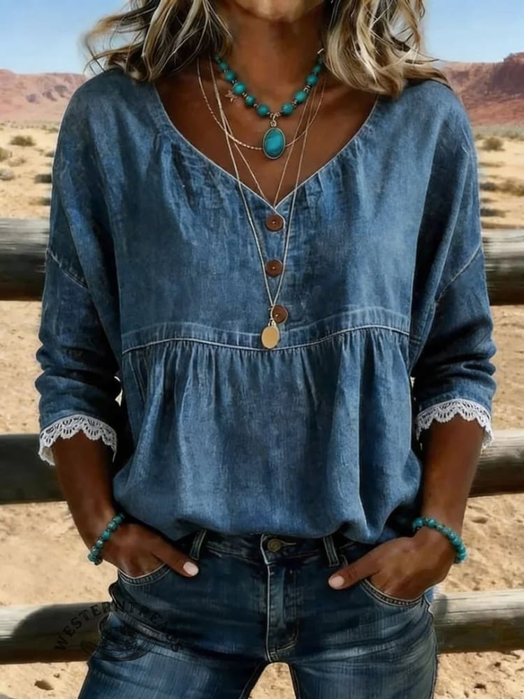 Women's Vintage Floral Print Casual Hollow-Out Denim Shirt