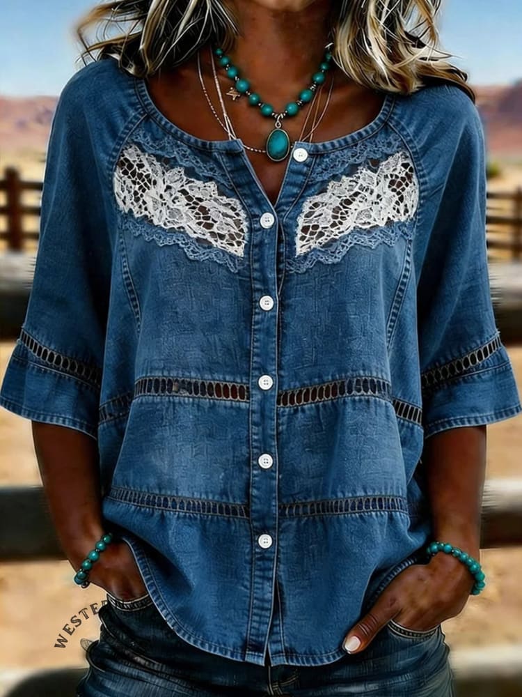 Women's Vintage Floral Print Casual Hollow-Out Denim Shirt