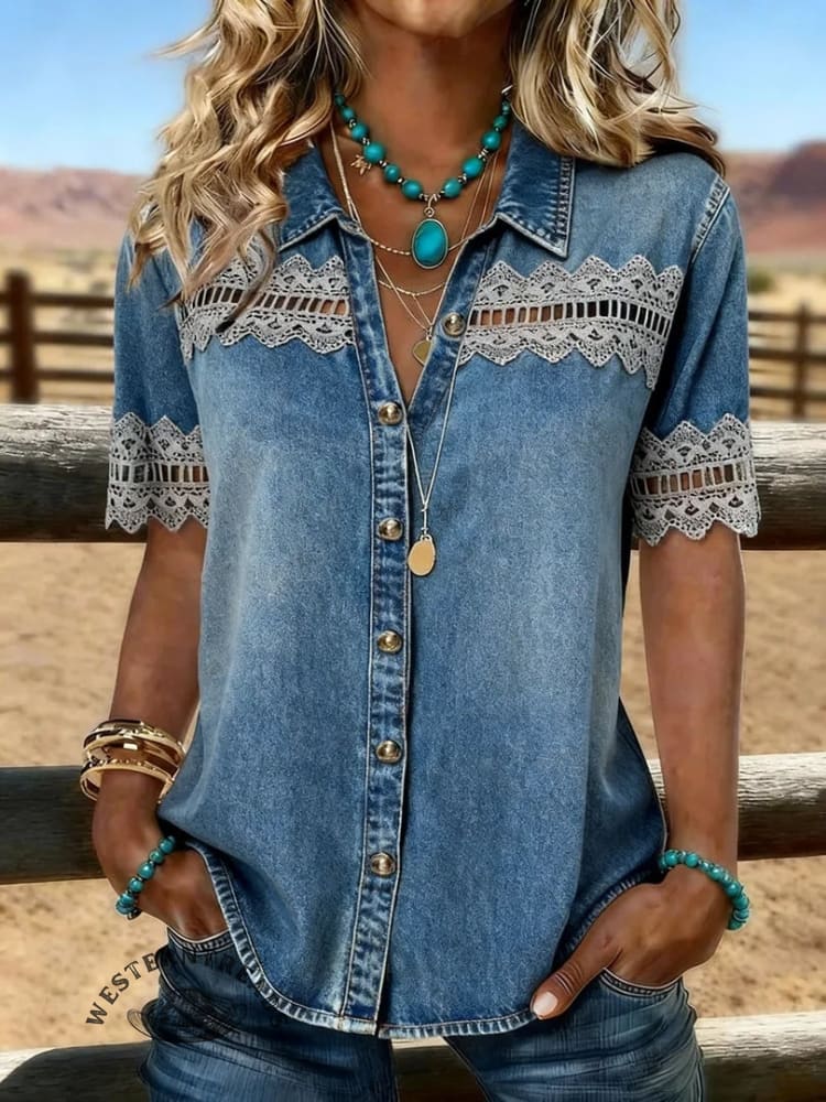 Women's Vintage Floral Print Casual Hollow-Out Denim Shirt