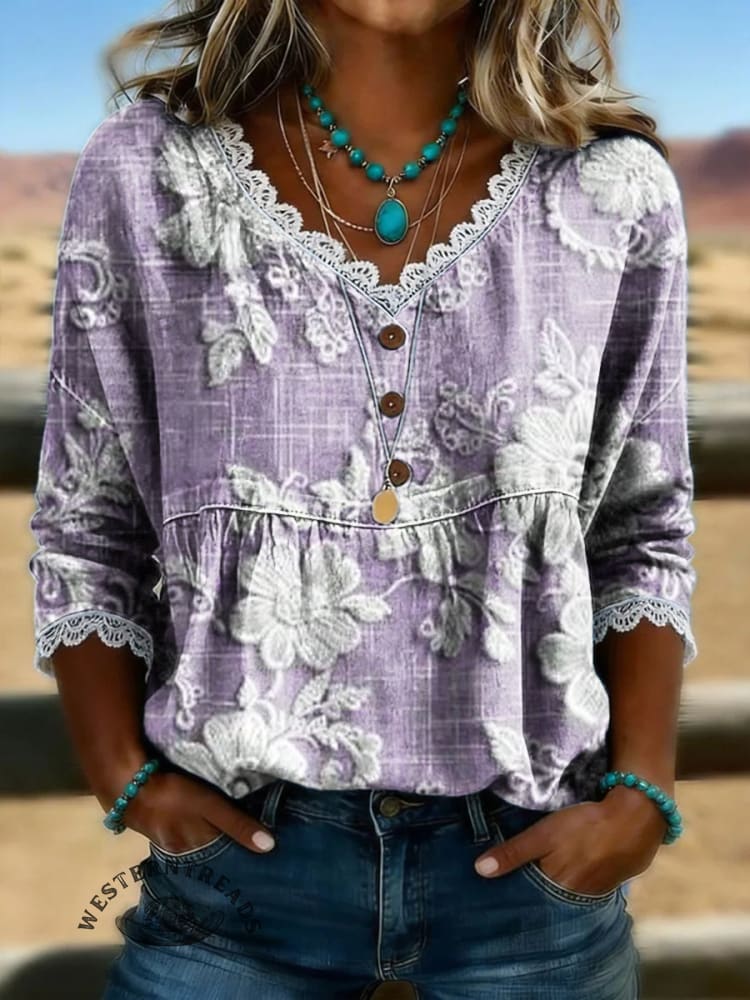 Women's Vintage Floral Print Casual Hollow-Out Denim Shirt - Image 2