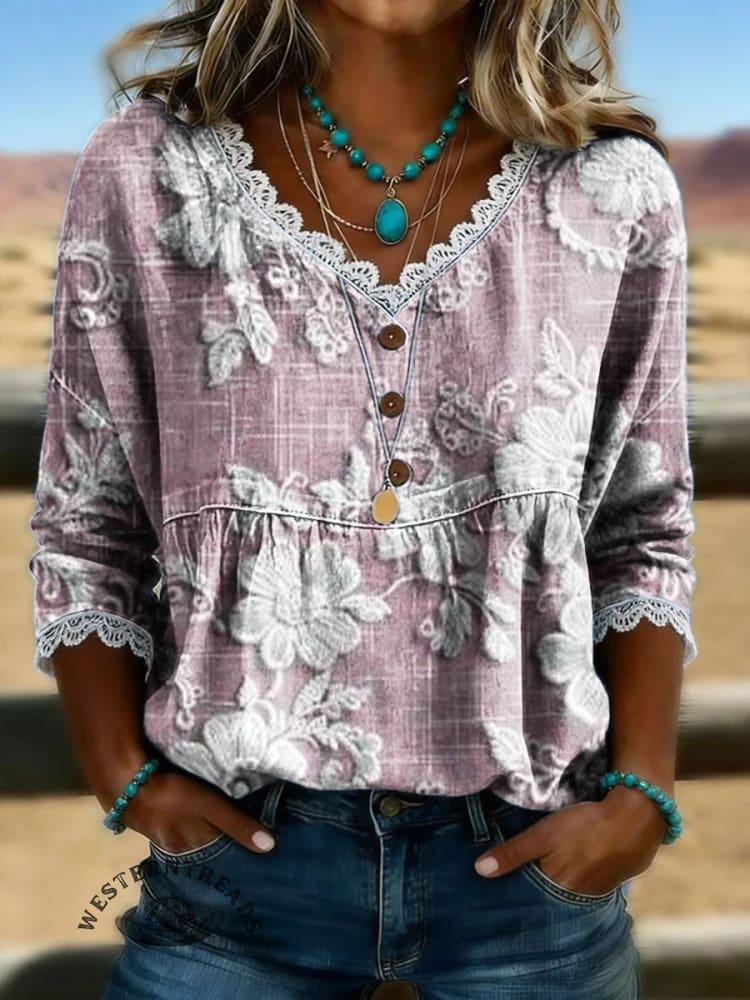 Women's Vintage Floral Print Casual Hollow-Out Denim Shirt - Image 3