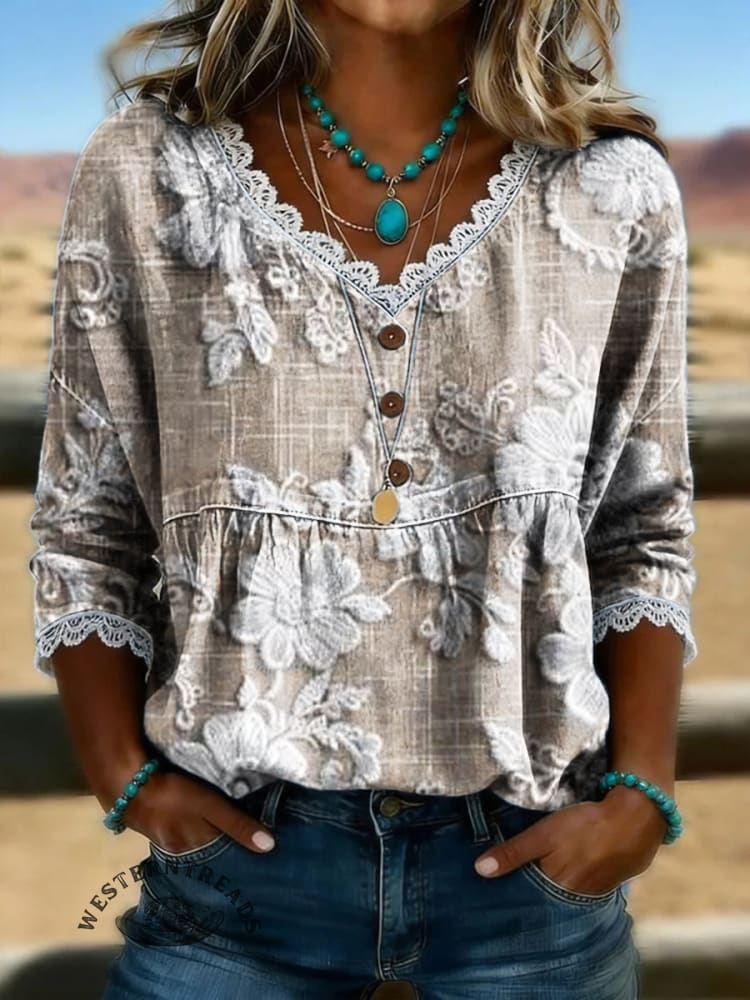 Women's Vintage Floral Print Casual Hollow-Out Denim Shirt - Image 4