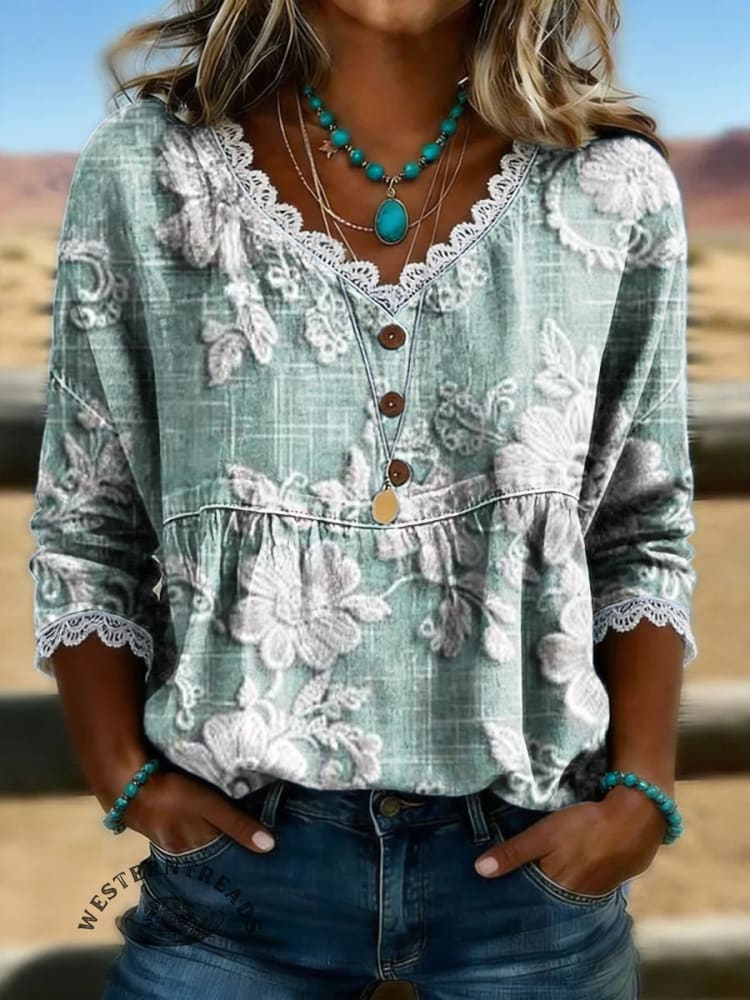 Women's Vintage Floral Print Casual Hollow-Out Denim Shirt - Image 5