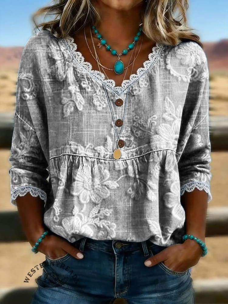 Women's Vintage Floral Print Casual Hollow-Out Denim Shirt - Image 6