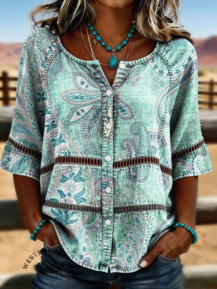 Women's Vintage Floral Print Casual Hollow-Out Denim Shirt - Image 2