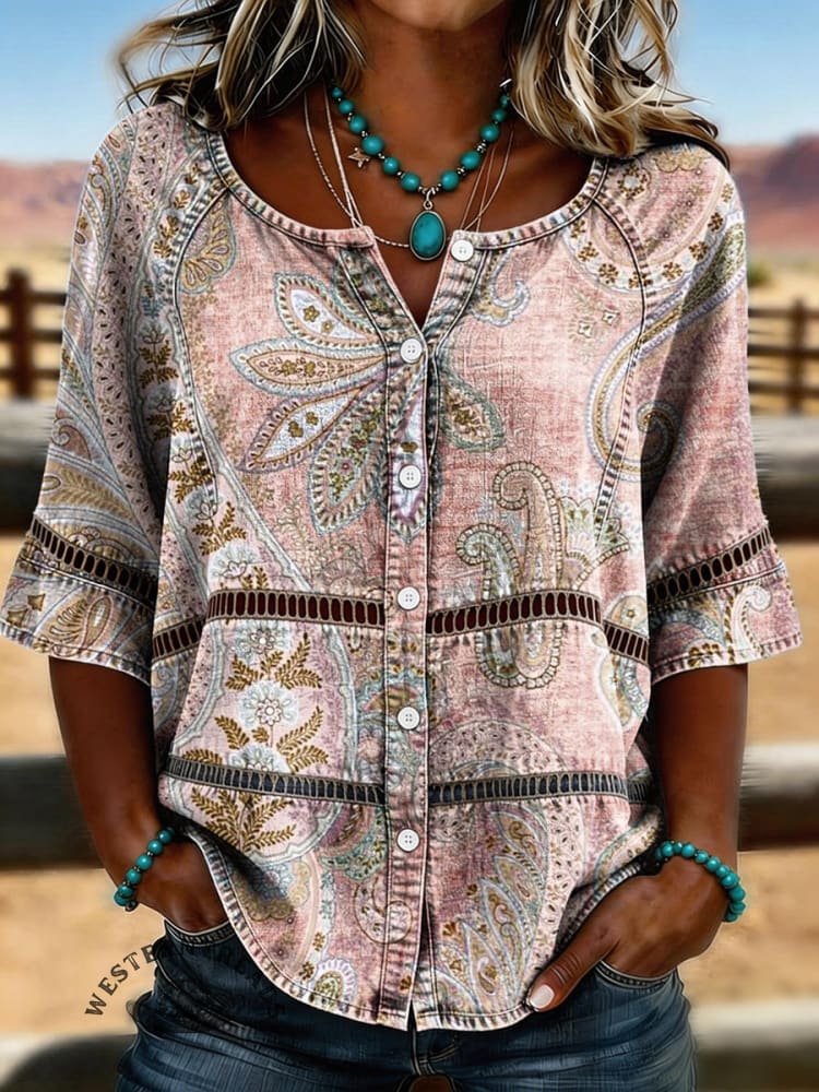 Women's Vintage Floral Print Casual Hollow-Out Denim Shirt - Image 3