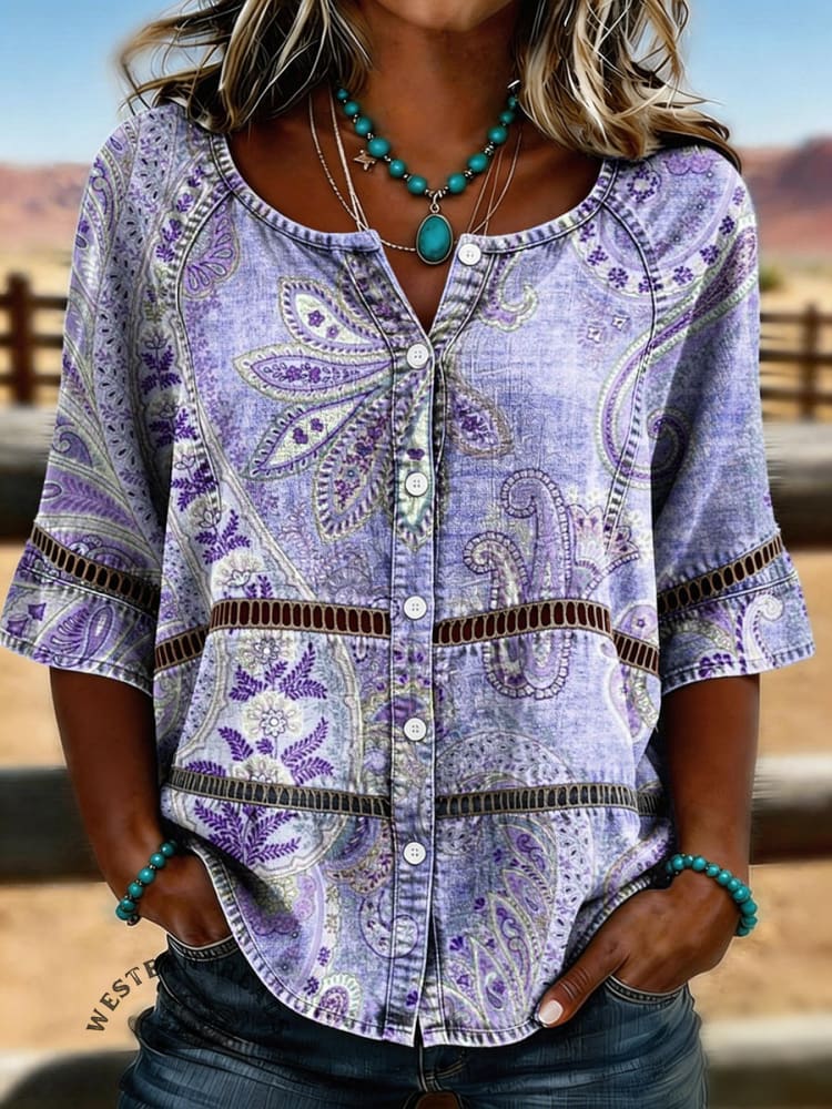 Women's Vintage Floral Print Casual Hollow-Out Denim Shirt - Image 4