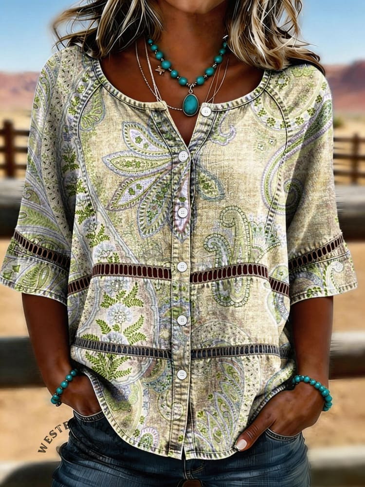 Women's Vintage Floral Print Casual Hollow-Out Denim Shirt - Image 5