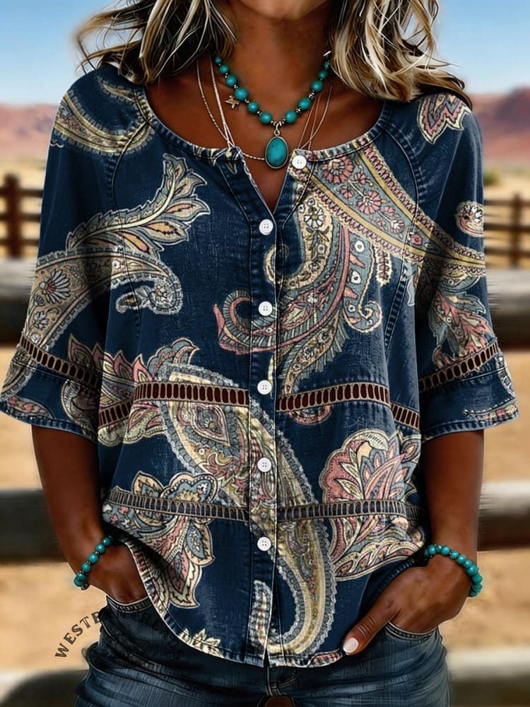 Women's Vintage Floral Print Casual Hollow-Out Denim Shirt