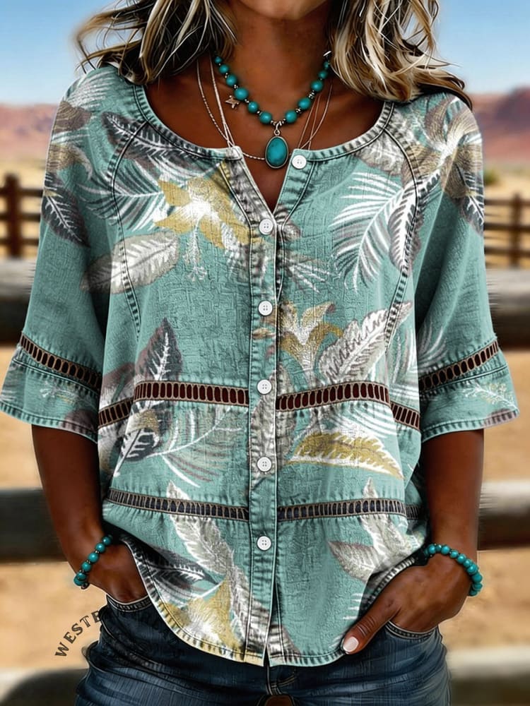 Women's Vintage Floral Print Casual Hollow-Out Denim Shirt