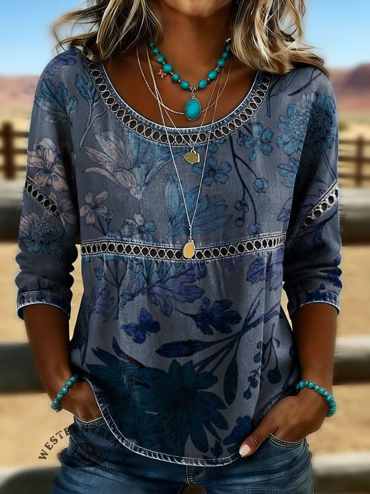 Women's Vintage Floral Print Casual Hollow Lace Denim Shirt