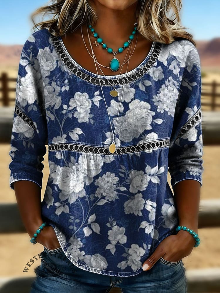 Women's Vintage Floral Print Casual Hollow Lace Denim Shirt