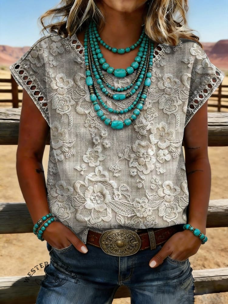 Women's Vintage Floral Print Casual Short Sleeves Hollow Lace Denim Shirt
