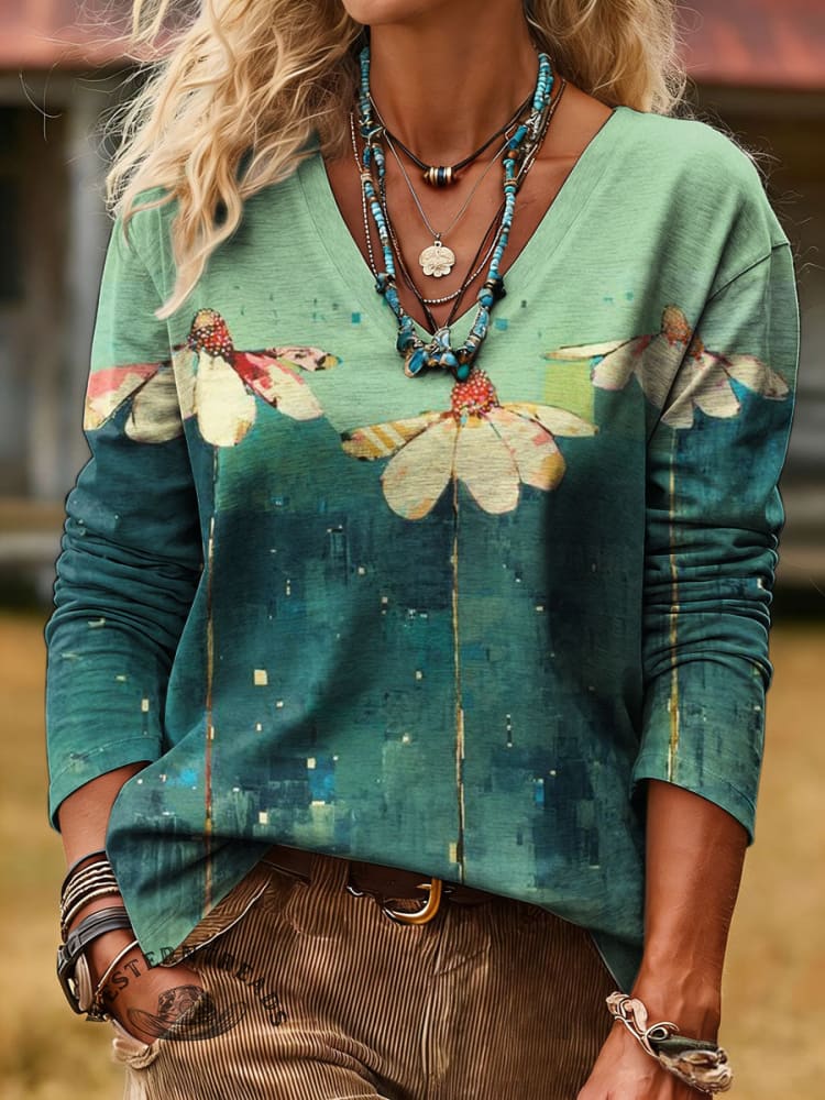 100% Cotton🍃Women's Vintage Floral Print Casual V-Neck T-Shirt