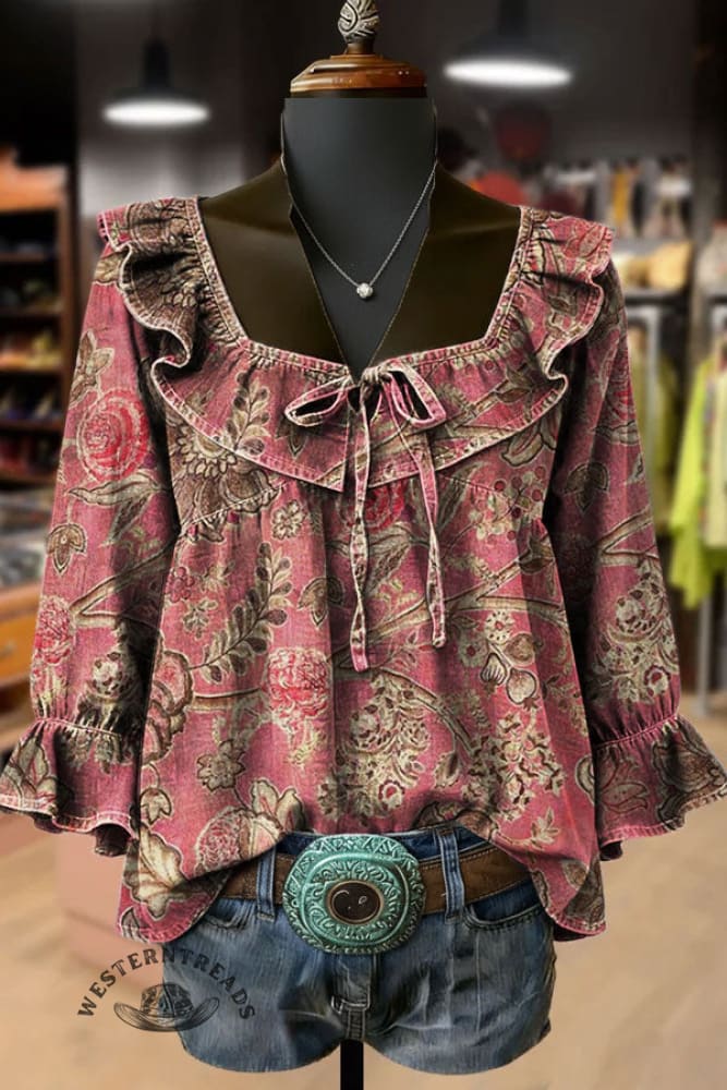 Women's Vintage Floral Print Denim Ruffle Top
