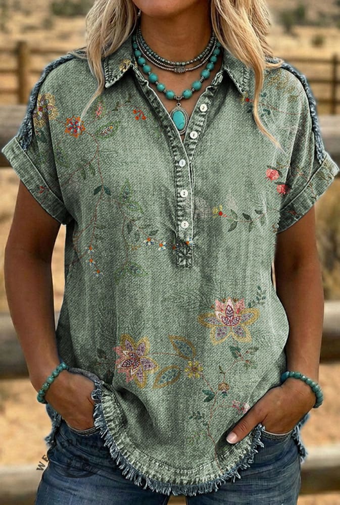 Women's Vintage Floral Print Fringe Denim Shirt