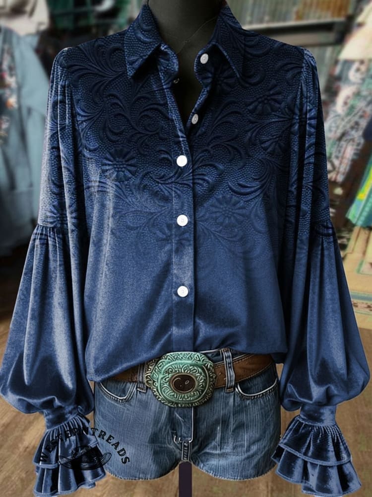 Women's Vintage Floral Print Henley Neck Sweater Top - Image 2