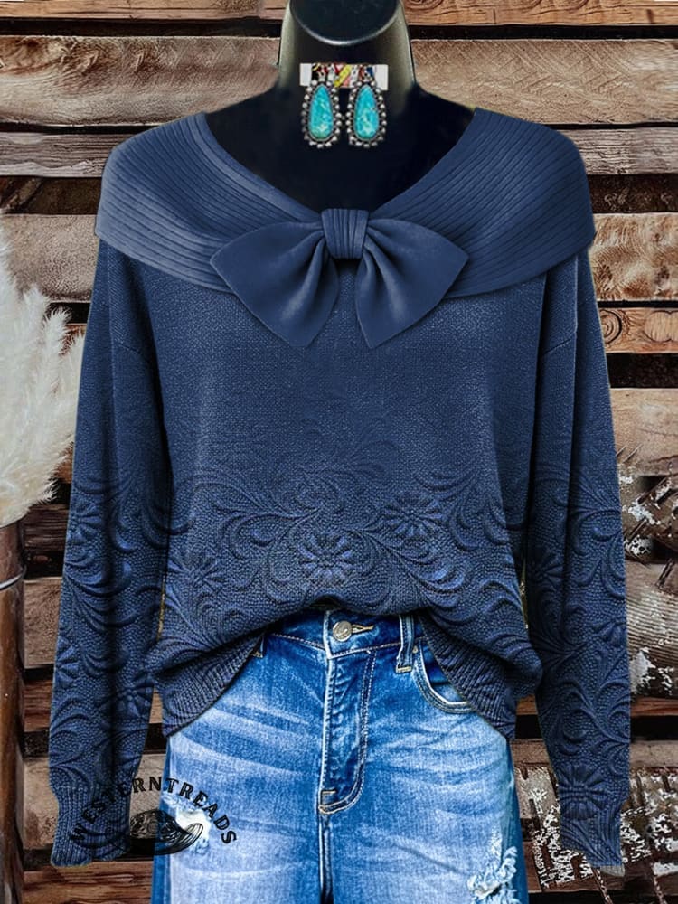 Women's Vintage Floral Print Henley Neck Sweater Top - Image 3