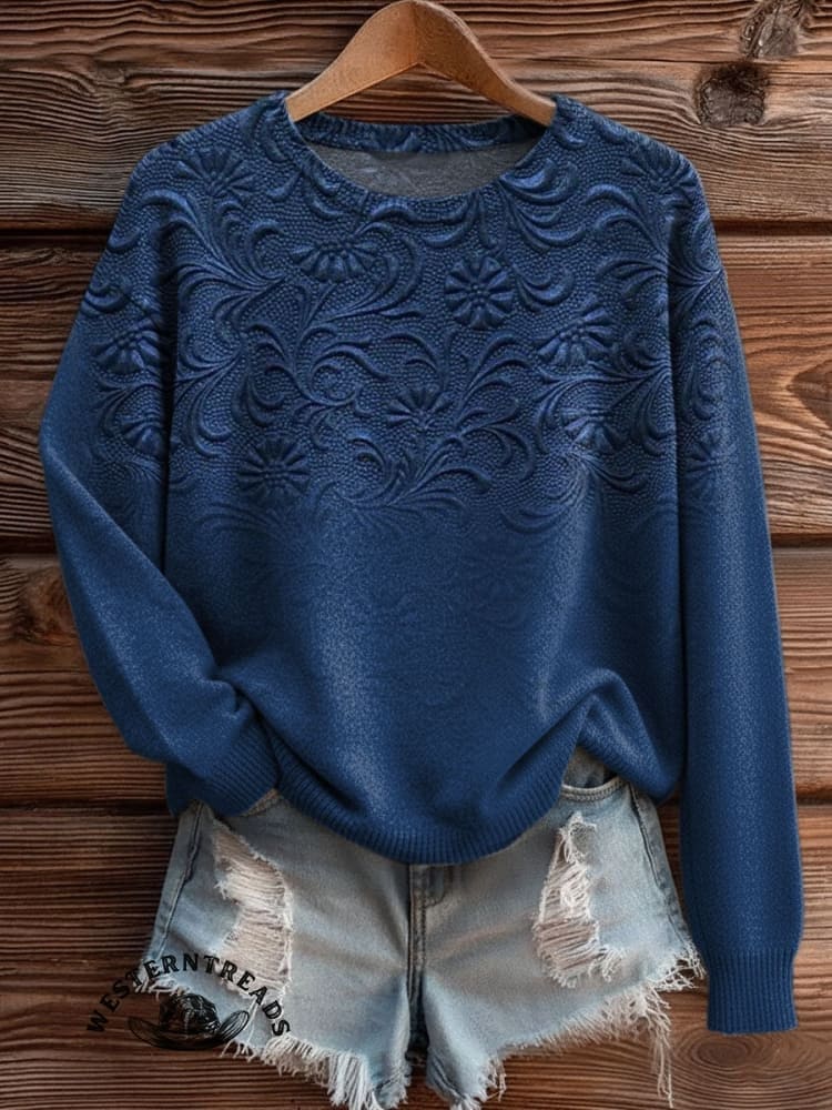 Women's Vintage Floral Print Henley Neck Sweater Top - Image 7