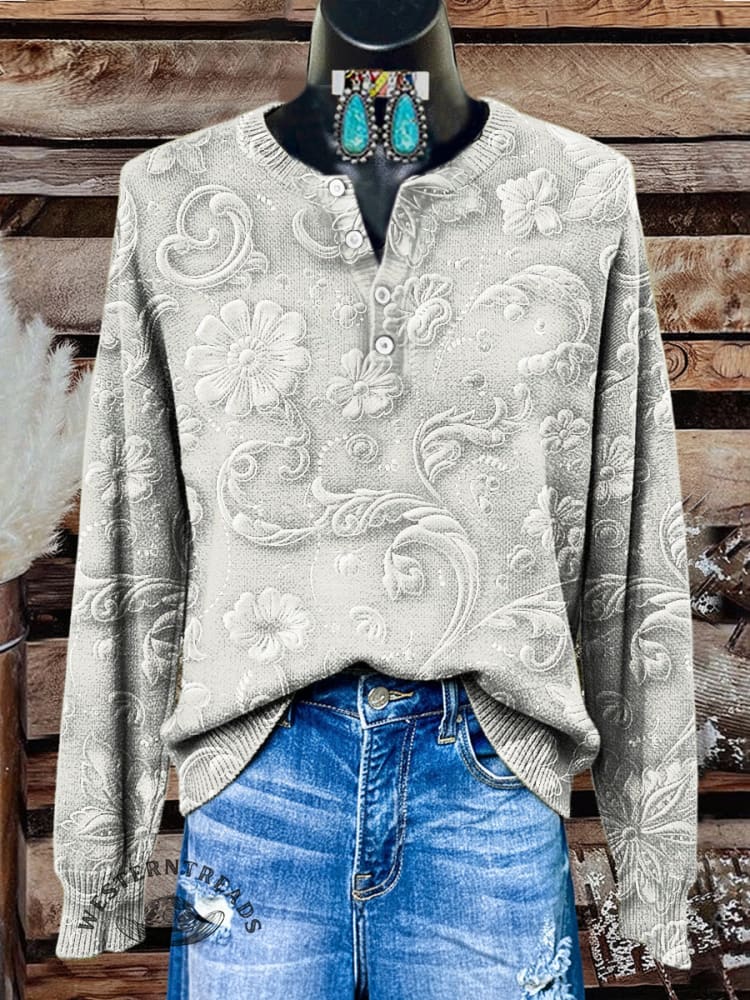 Women's Vintage Floral Print Henley Neck Sweater Top
