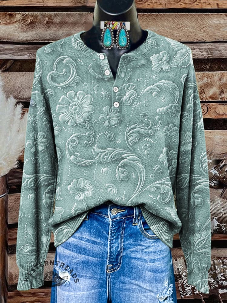Women's Vintage Floral Print Henley Neck Sweater Top - Image 5