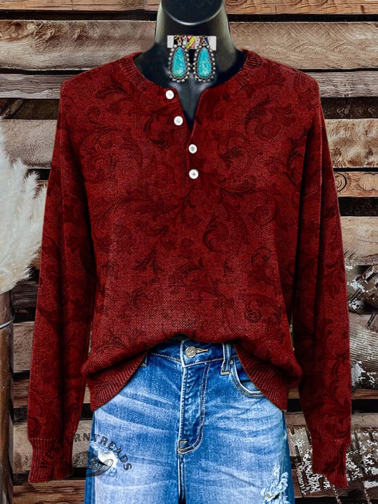 Women's Vintage Floral Print Henley Neck Sweater Top
