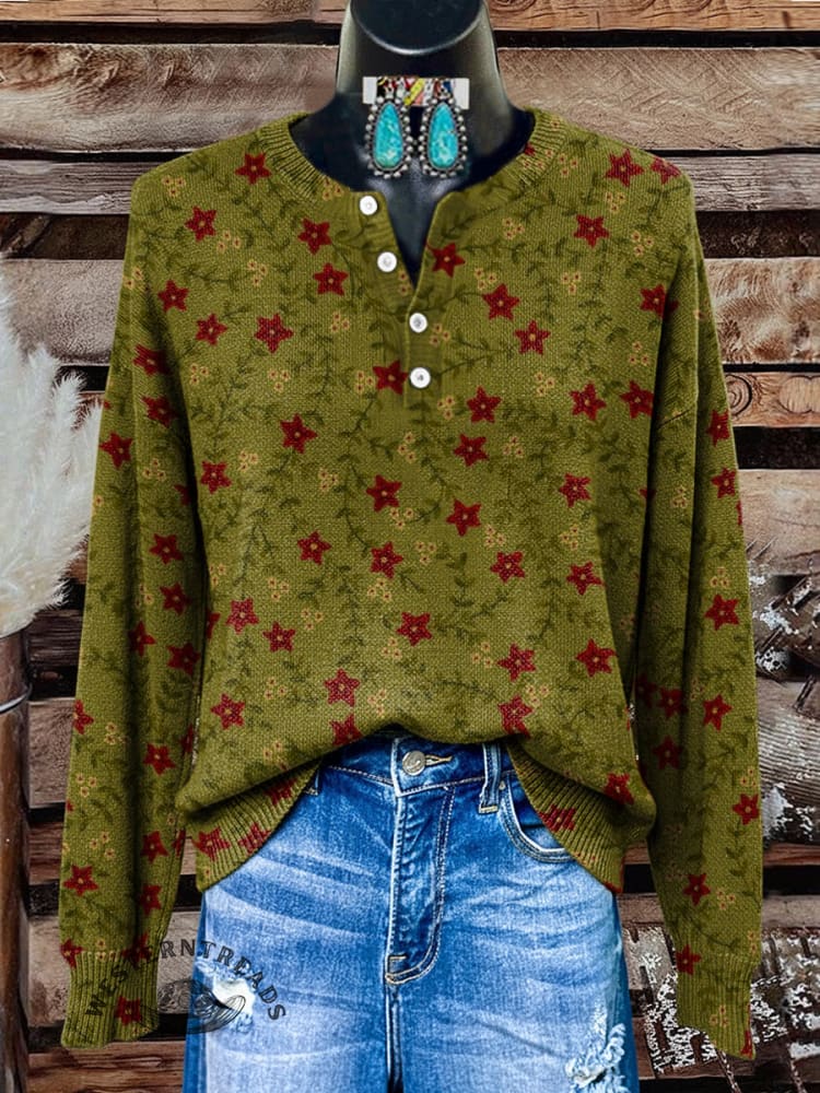 Women's Vintage Floral Print Henley Neck Sweater Top