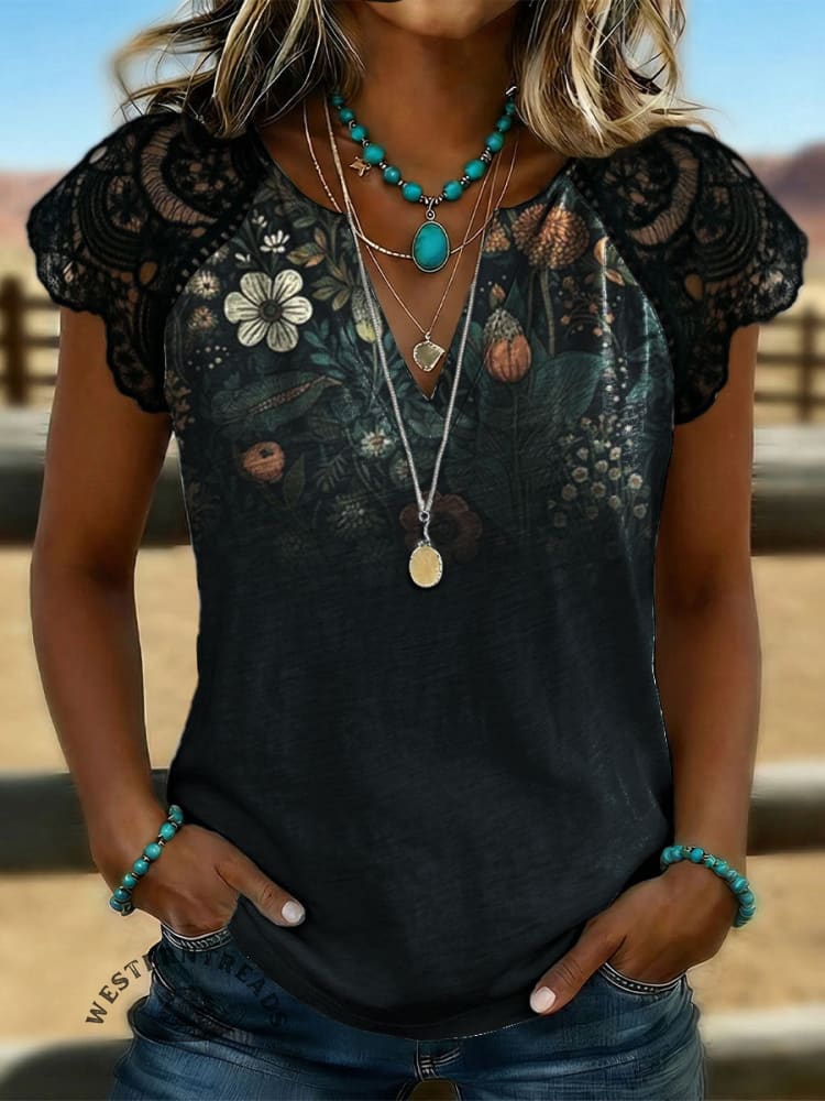Women's Vintage Floral Print Lace Patchwork Top